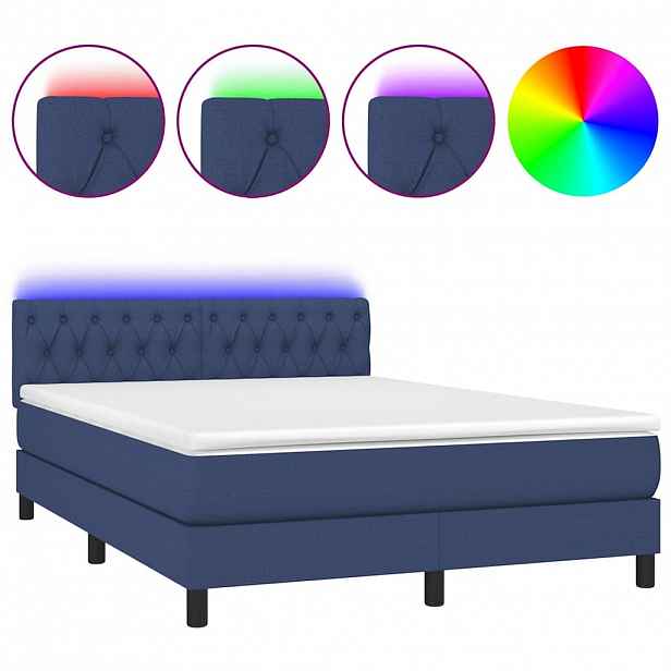 vidaXL Box spring postel s matrací a LED modrá 140x190 cm textil