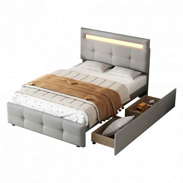 OKWISH ČALOUNĚNÁ postel 90/200 cm šedá s LED osvětlením a 2 zásuvkami