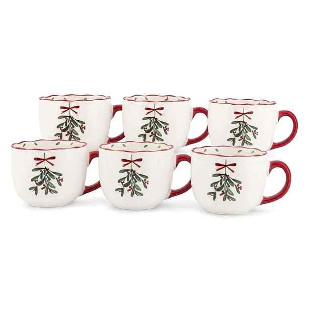 Vánoční porcelánové hrnky Jumbo 420 ml 6 ks s jmelím, sada