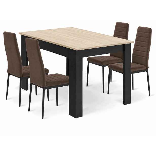 Jídelní set stůl 120x80 cm, dekor dub sonoma s černými nohami 4 čalouněné židle Axell v hnědé barvě