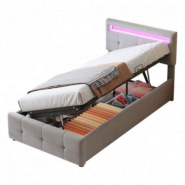 OKWISH ČALOUNĚNÁ postel 90/200 cm šedá z MDF a kovu s LED osvětlením a úložným prostorem