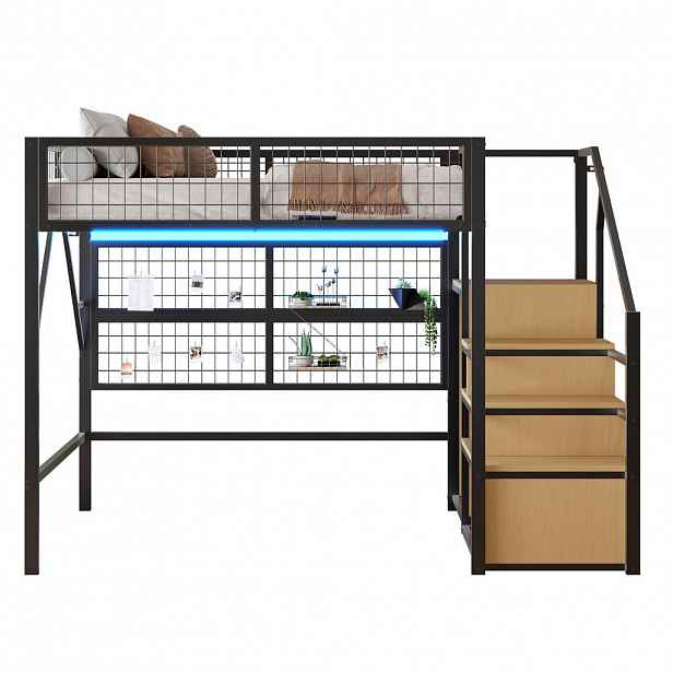 FLIEKS VYVÝŠENÁ POSTEL 140x200 cm Černá Kov LED Schody