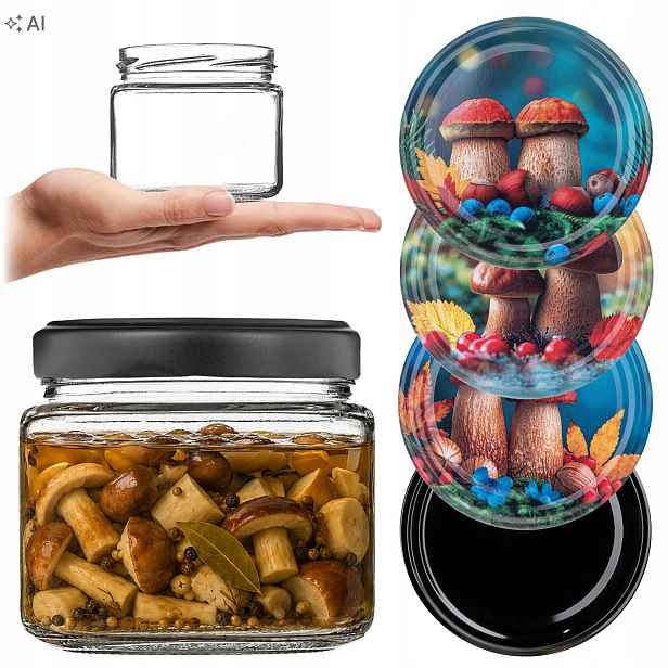 100 x Skleněná Zavařovací Sklenice 330 ml Sklenice 300 ml Na Džem Houby Med Šroubovací Víčka FI82