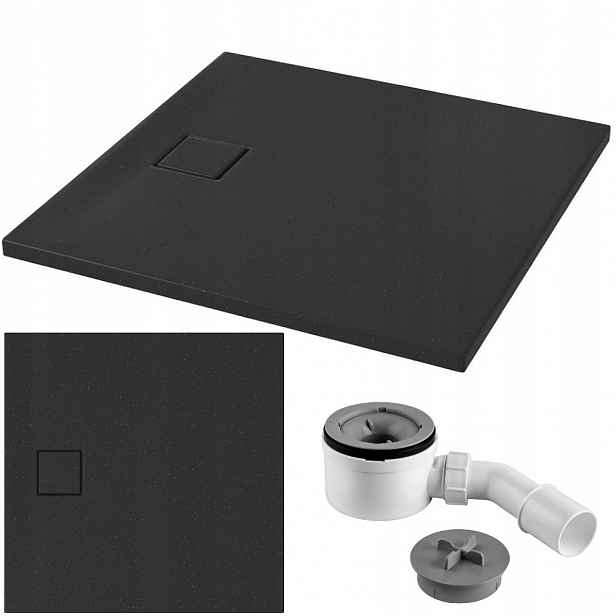 Čtvercová podlahová vanička černá mat Tako Slim 90x90x4 Cersanit sifon