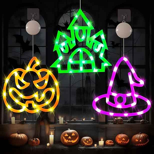 TEMU 3ks Halloween LED Světelný Řetězec - Dekorace ve Stylu Retro s Dýní, Domem & Čarodějnickým Kloboukem se Sacími Háčky, na Baterie (vyžadují 3 AA
