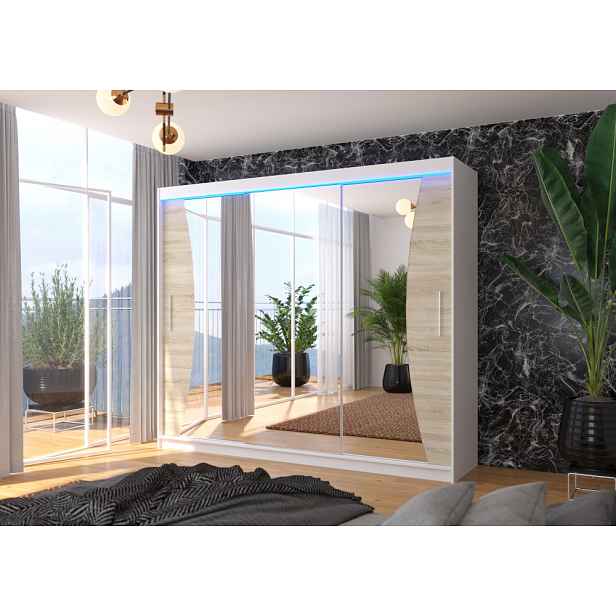 Velká skříň se zrcadlem a LED osvětlením 250 cm CANLIA - bílá / dub sonoma