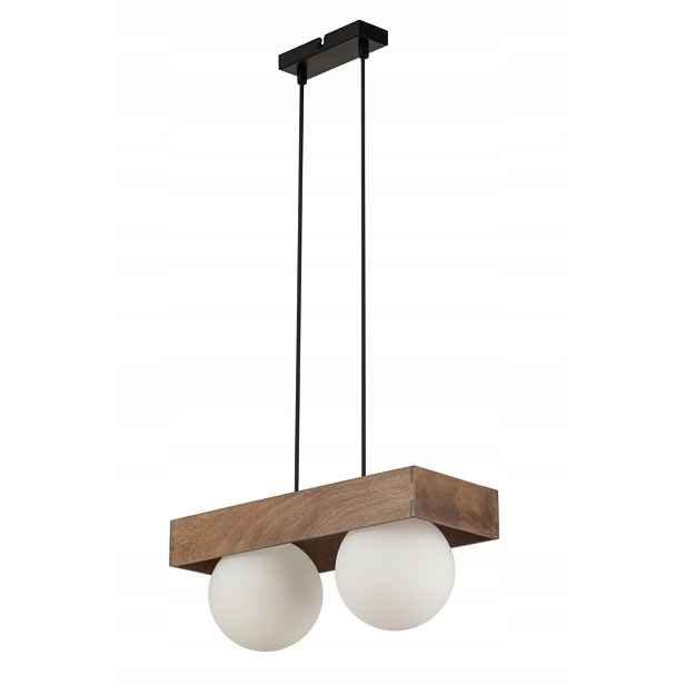 Závěsná lampa boho skandinávská černá hnědá 2 skleněné bílé koule Sigma