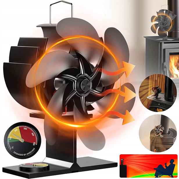Krbový Ventilátor 6 Čepelí, Tichý Krbový Ventilátor S Odolným Teploměrem