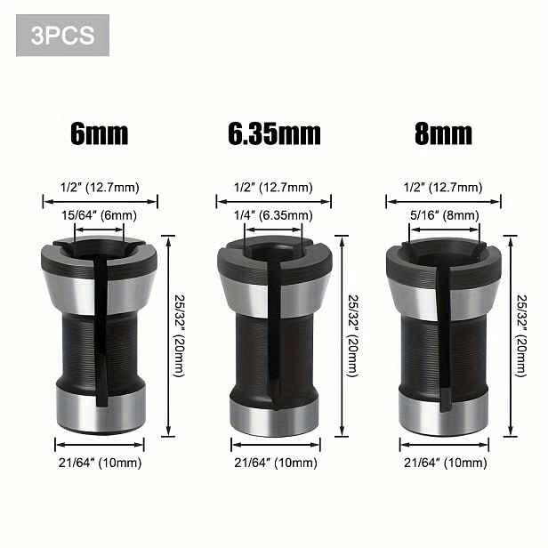 TEMU Sada 3 ks příslušenství pro dřevoobráběcí stroje 6+6,35+8 mm, prodlužovací nástavce pro frézovací hlavicí s utahovacím mechanismem, vhodné pro