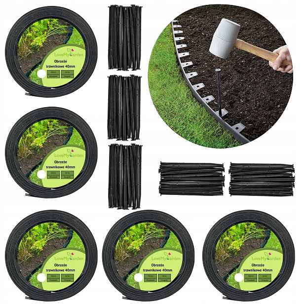 Trávníkový lem Černý 50 metrů 100 kotvících kolíků výška 4 cm Silný Lmg 40 mm
