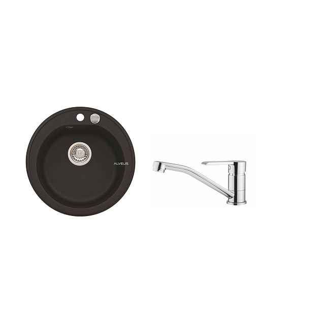 Alveus SET ALVEUS NIAGARA 10- 91+ BATERIE RUTA CHR - kruhový černý granitový dřez 510x175 mm v setu s baterií