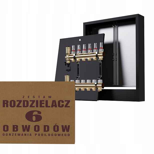 Rozdělovač na podlahu mosazný 6-okruhový a nástěnná skříňka černá
