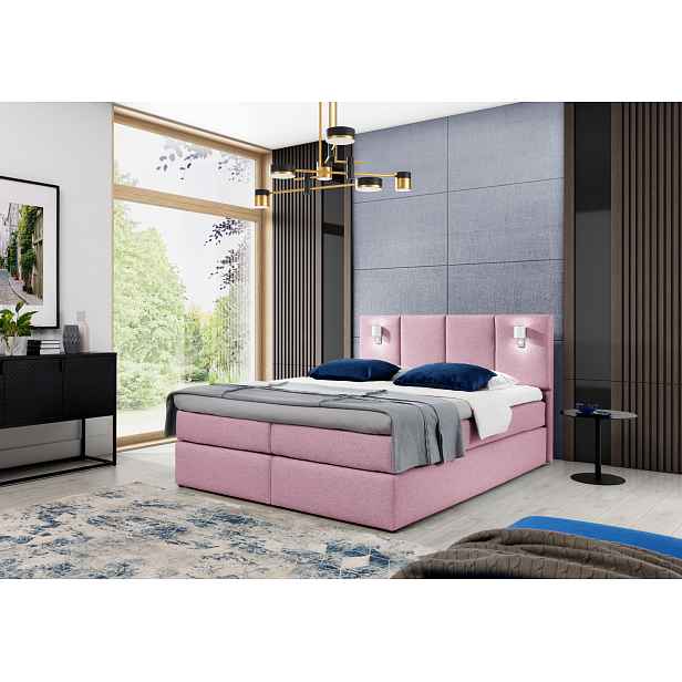 Boxspringová postel s lampami DANUTA - 140x200, růžová + topper ZDARMA