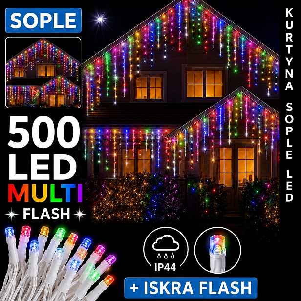 Rampouchy 500LED 25M Multicolor Bílý Flash Vnější Závěs IP44 Bílý Kabel