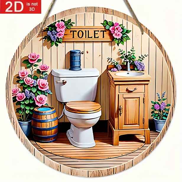 TEMU 2D plochá dekorace - 2D retro zemědělská koupelnová cedule - kulatá dřevěná nástěnná dekorace s ilustrací toalety, 7,8 x 7,8 palců, ideální pro
