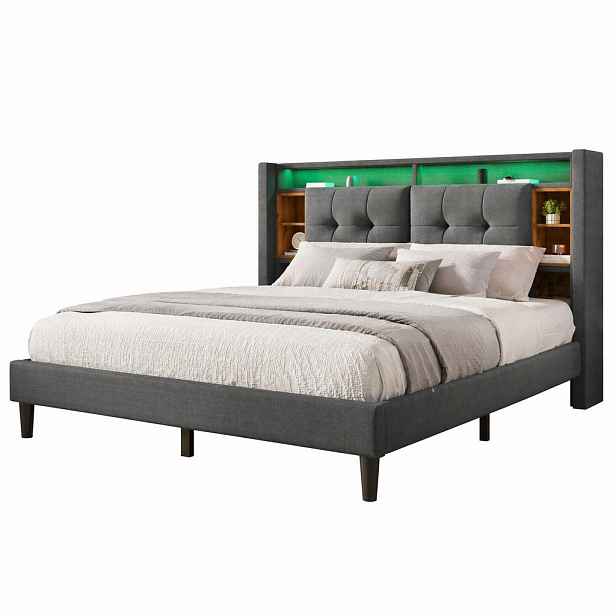 CHICFURN ČALOUNĚNÁ POSTEL 140/200 cm v šedé barvě s úložným čelem, LED a USB