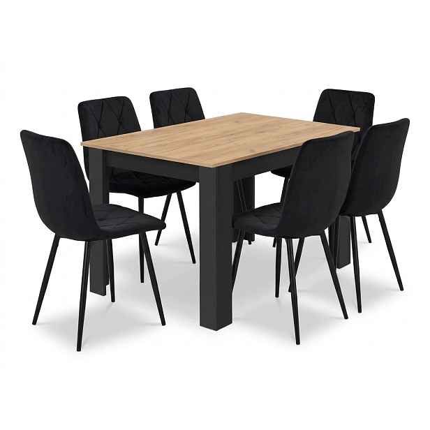 Rozkládací stůl Craft 120/160x80 6 černých čalouněných židlí