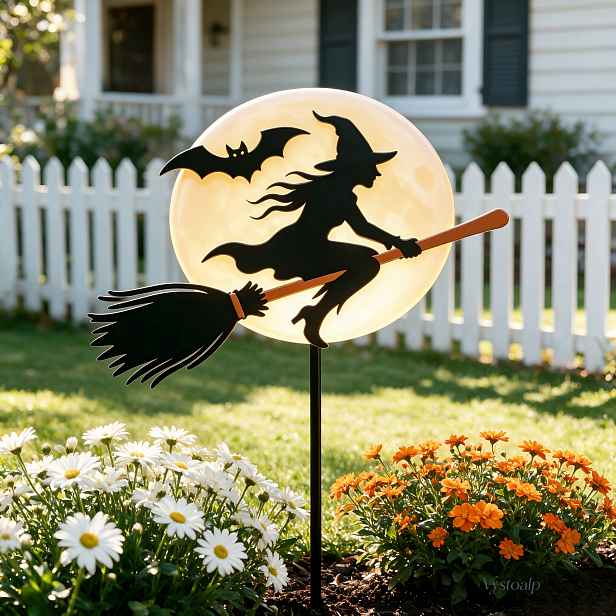 TEMU [2D Plochá] Zahradní kolík se siluetou Létající čarodějnice a Měsíce, Venkovní halloweenská dekorace dvorku s netopýřími doplňky, Umělecká