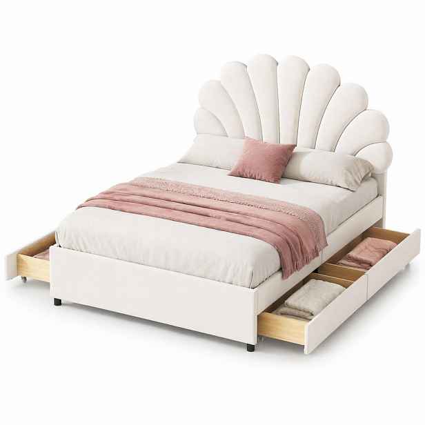 CHICFURN ČALOUNĚNÁ POSTEL 140/200 cm v béžové barvě ze sametu se 4 zásuvkami a květinovým čelem postele