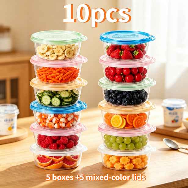 TEMU 10 ks Opakovaně použitelných kulatých dóz na potraviny o objemu 25Oz/739Ml (5 krabic a 5 ks víček v mixu ), stohovatelné nádoby na čerstvé