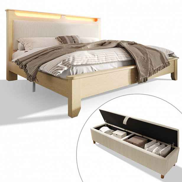 CHICFURN ČALOUNĚNÁ POSTEL 140/200 cm v béžové a dubové barvě s LED osvětlením, úložným prostorem a lavicí