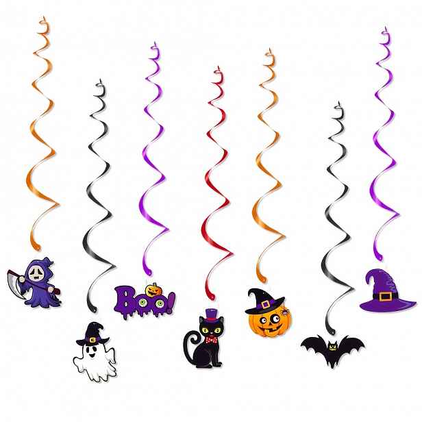 TEMU 14 ks Halloweenské závěsné spirálové dekorace - Černé oranžové a fialové stropní stuhy s čarodějnického klobouku, ducha a dýně pro třídu,