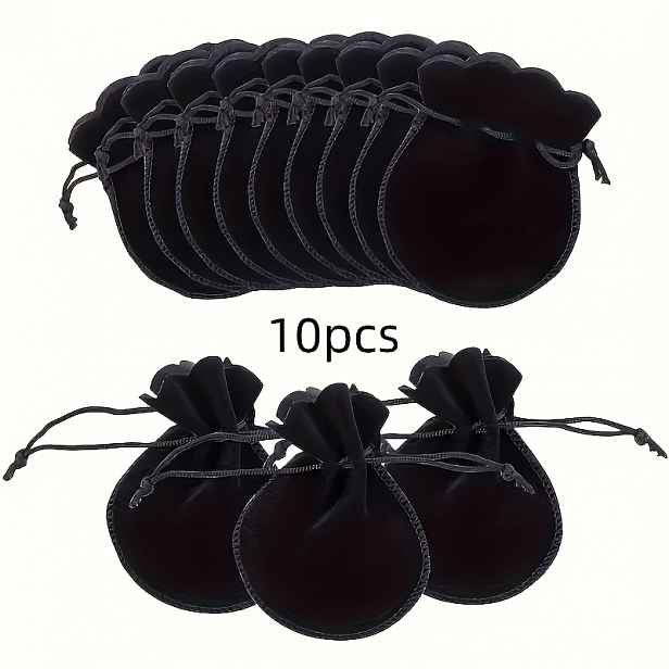 TEMU 10 Jednobarevných Sametových Šperkovnic, Černé Taštičky se Stahovací Šňůrkou pro Ukládání Doplňků a Dárků na Párty - 90x70mm, Vánoce, Halloween