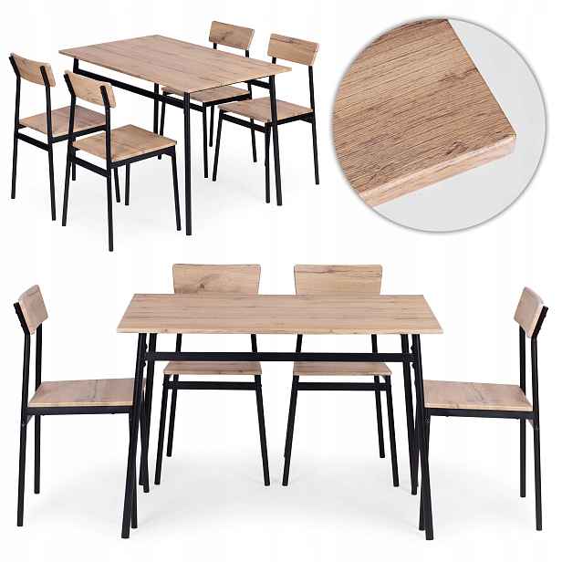 ModernHome Jídelní sestava Malmo stůl 4 židle, Mdf ocel, světlé dřevo