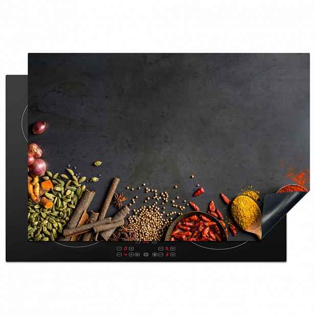 MuchoWow KRYT NA INDUKČNÍ DESKU Bylinky - Potraviny - Koření - Černá - Paprika - Skořice 78x52 cm