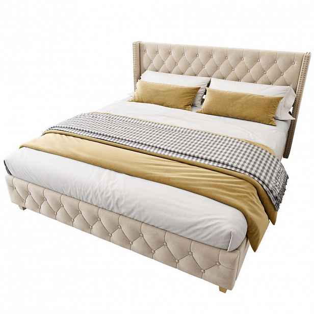OKWISH ČALOUNĚNÁ postel 180/200 cm světle béžová ze sametu s lamelovým roštem a knoflíkovým čelem