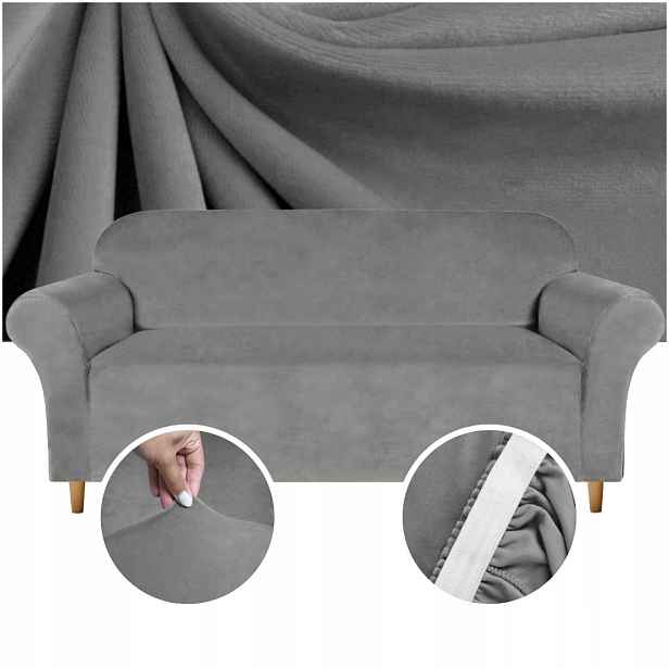 Potah Na Pohovku Pohovka 4 Os Elastický Univerzální Velvet Velur Šedý XL
