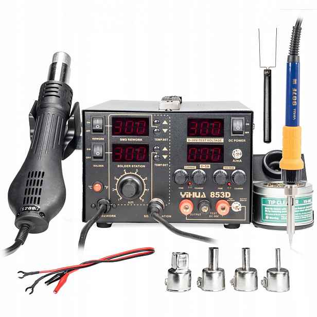 Pájecí stanice 3v1 s napájecím zdrojem 5A 30V, hot air, hrotová Yihua 853D 800W