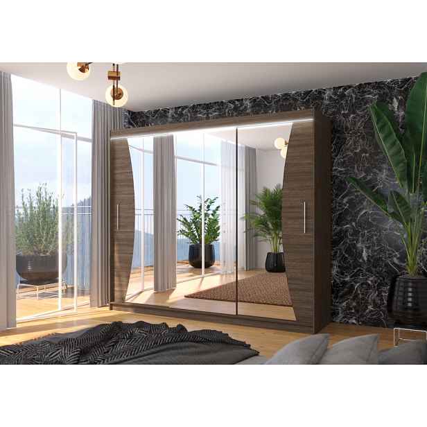 Velká skříň se zrcadlem a LED osvětlením 250 cm CANLIA - tmavě hnědá