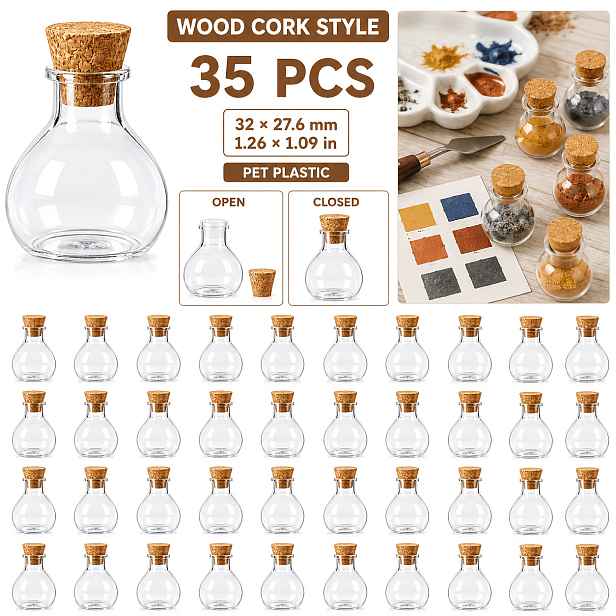 TEMU 35ks Průhledné PET Mini Kulaté Skladovací Nádoby, 1,26×1,09in Dávkovací Nádobky, Dřevěné/Plastové Zátky Volitelné, Široké Kulaté Průhledné Tělo,