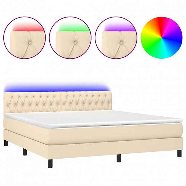 vidaXL Box spring postel s matrací a LED krémová 160x200 cm textil