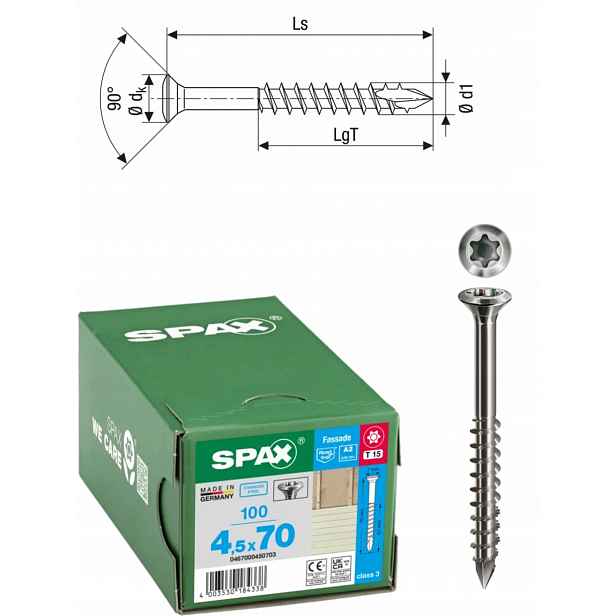Fasádní šroub z nerezové oceli A2, Spax 4,5 x 70 mm 100 ks