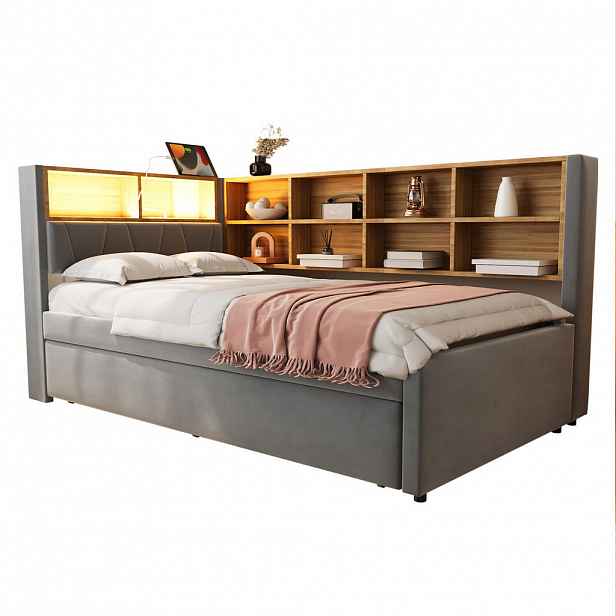CHICFURN ROZKLÁDACÍ POHOVKA 90/200 cm & 90/190 cm v tmavě šedém flanelu s LED, USB, Type-C a policemi