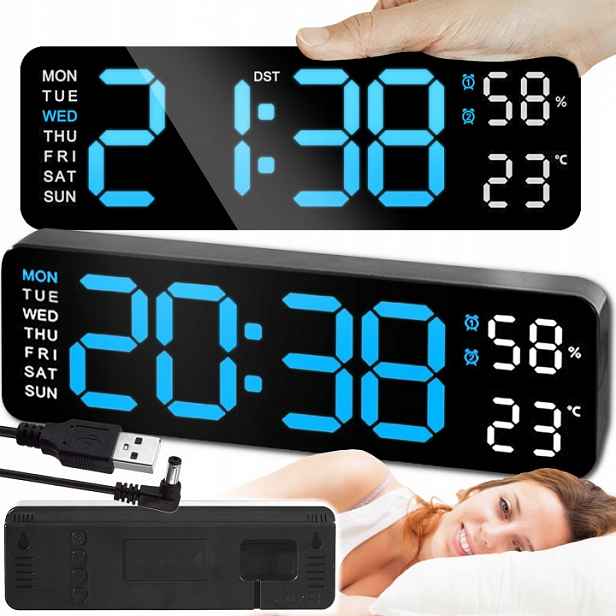 Budík Hodiny Digitální Led Zdřímnutí Hlasitý Teploměr Vlhkoměr Velký XXL