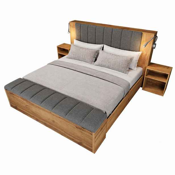 CHICFURN POSTEL 160/200 cm v dubovém dekoru s lampičkami, USB a úložnou lavicí