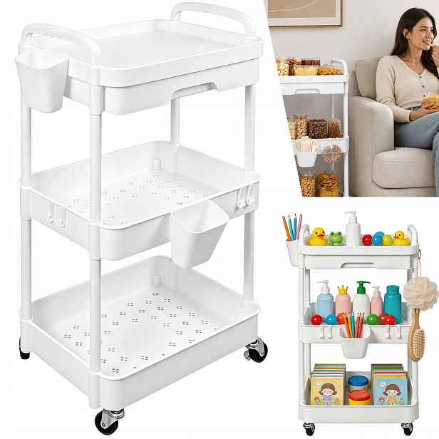 Kuchyňský Vozík, Multifunkční Organizér, 3-ÚROVŇOVÝ Regál S Kolečky, Háčky