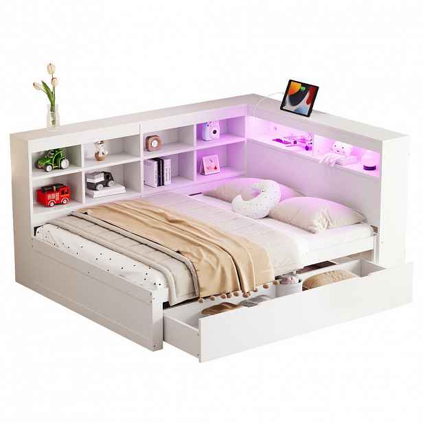 Redom DŘEVĚNÁ postel 140/200 cm s USB portem, LED osvětlením a velkým úložným prostorem, Bílá