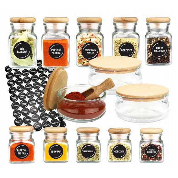 Sklenice na koření 5x120 ml 5x150 ml 3x210 ml nálepky 90 ks 1x lopata