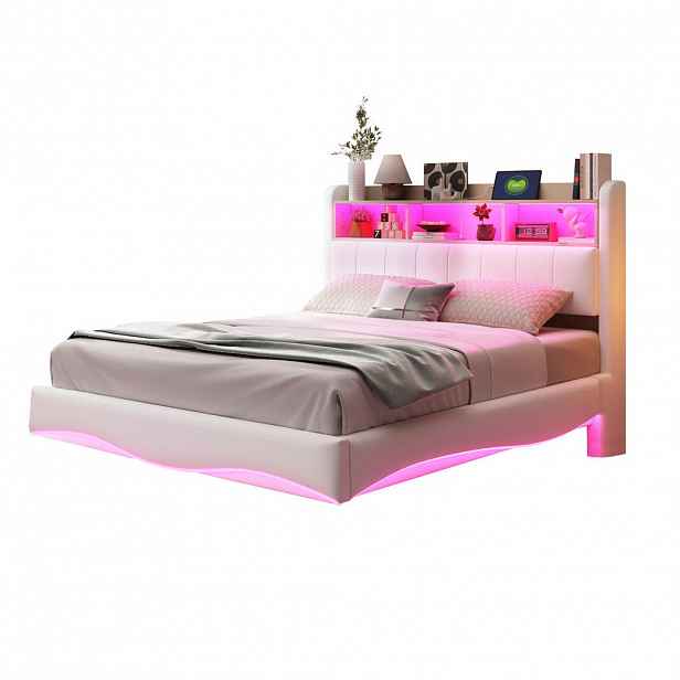Redom ČALOUNĚNÁ postel 140/200 cm s LED osvětlením, USB a USB-C portem, úložným prostorem a kovovým rámem, Béžová