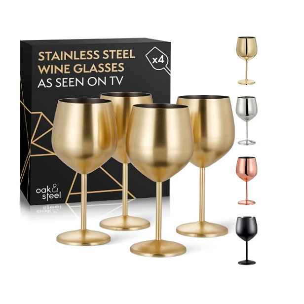 Skleničky Na Víno Ocelové Zlaté Nerozbitné 550 ML, Sada 4 Ks