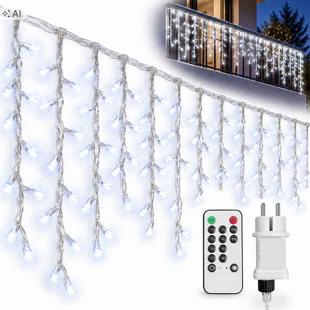 Vánoční Rampouchy 220 Led 5 m Studená Bílá Pilot Časovač 8 Režimů Lampy IP44