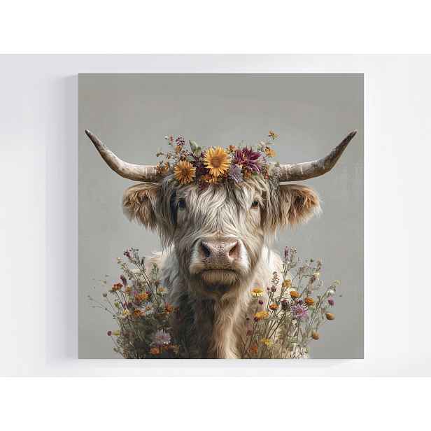 Obraz Na Plátně Canvas Portrét Fauna Kráva Skotsko Highland Květiny 50x50