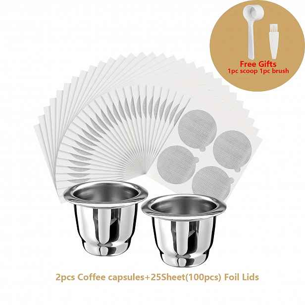 TEMU 1 Sada = 2 Šálky + 100 Hliníkových Víček 3,7 cm, Opakovaně Použitelné Espresso Kapsle, Doplnitelné Kávové Kapsle, Nerezový Filtr Kompatibilní s