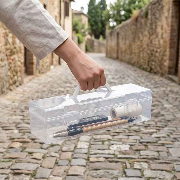 TEMU Multifunkční průhledná úložná krabička na kaligrafické štětce, přenosná ruční krabička na umělecké potřeby s velkou kapacitou pro malířské a