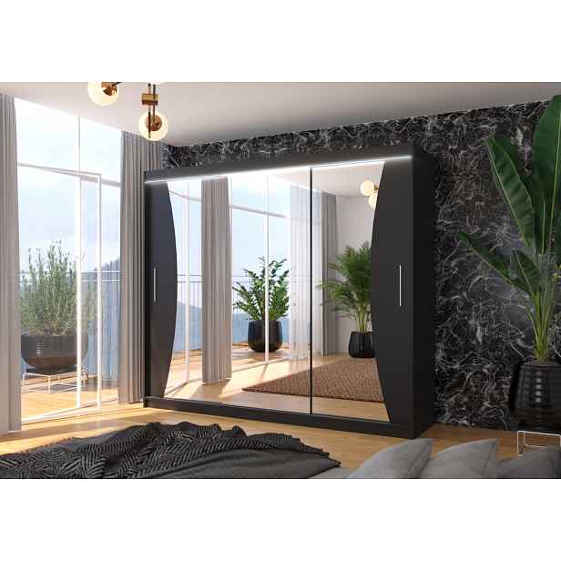 Velká skříň se zrcadlem a LED osvětlením 250 cm CANLIA - černá