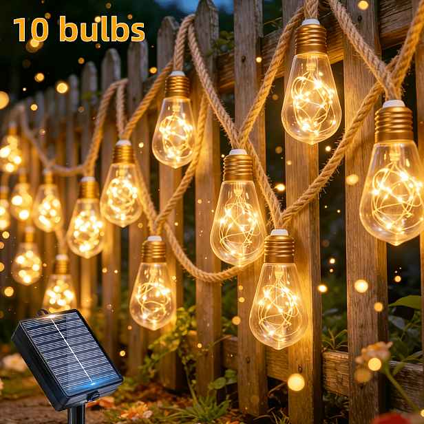 TEMU 1ks Solární konopné s Edisonovými žárovkami, 10ks LED s měděným drátem, Vintage pohádková světla pro dvůr, terasu, pergolu, Halloween, vánoční